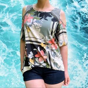 Mix and Match Multi-Print Tropical Cold Shoulder Blouse, Size Medium